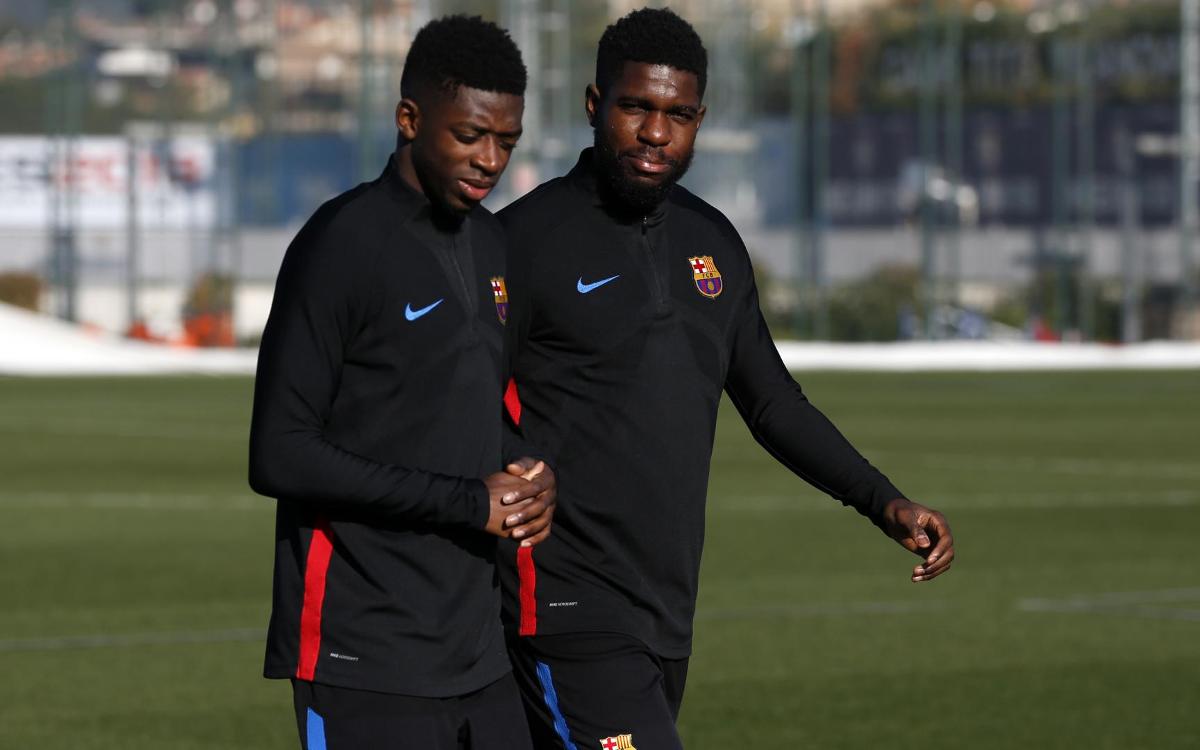 Samuel Umtiti trains with the group for part of Tuesday's workout