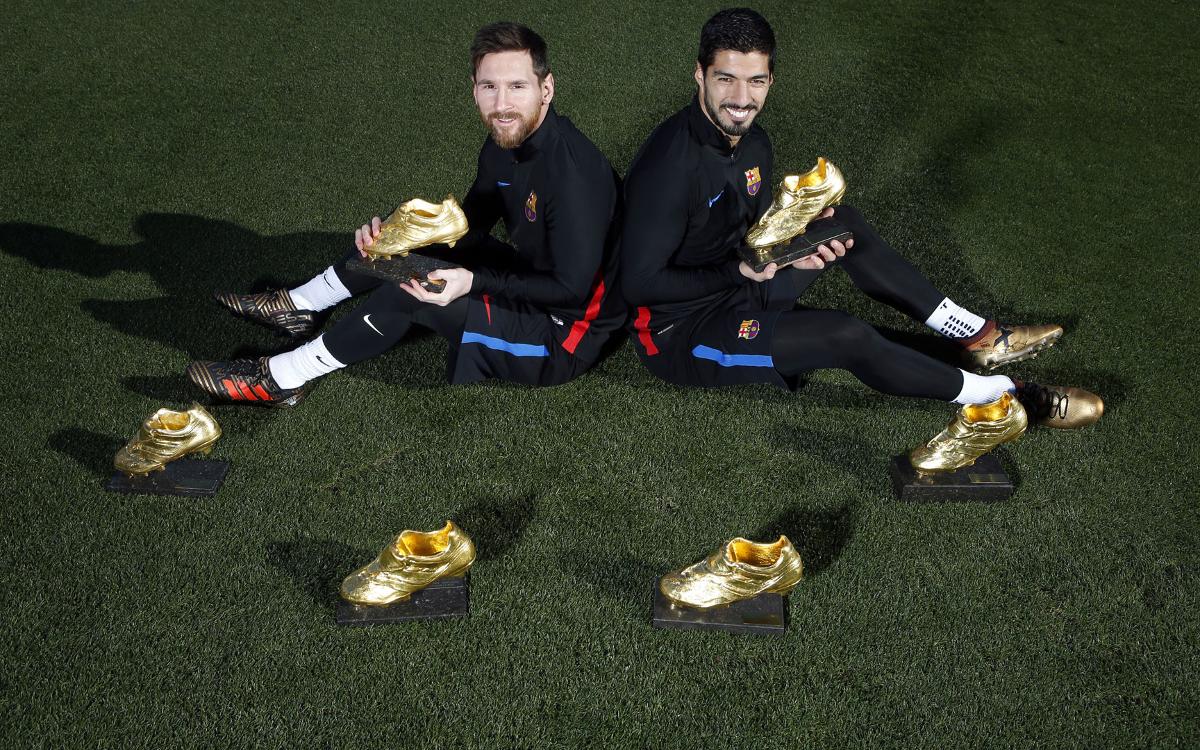 Leo Messi and Luis Suárez pose with combined six Golden Shoes!
