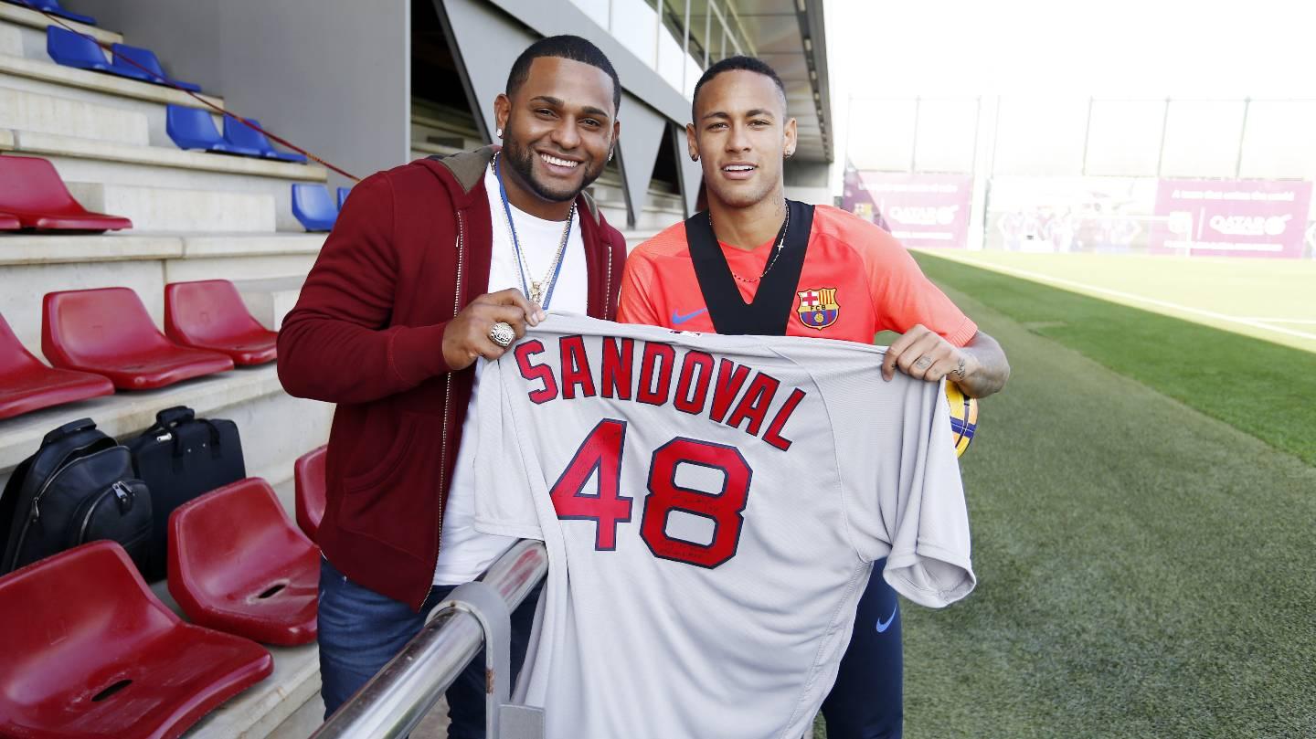 Boston Red Sox third baseman Pablo Sandoval visits FC Barcelona's