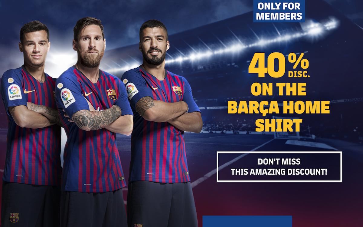Exclusive, 40% members-only discount on the purchase of a new Barça home blaugrana jersey