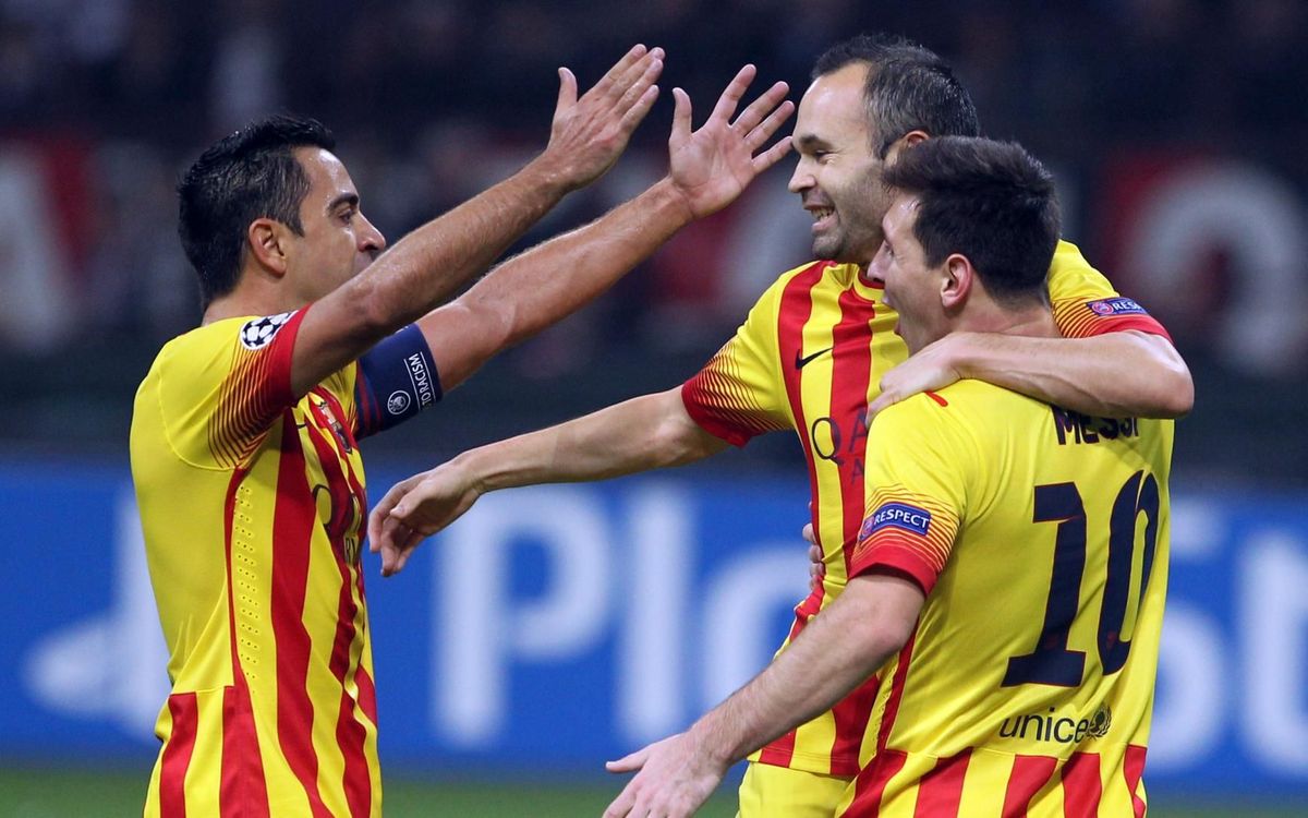 Leo Messi celebrating a goal with Xavi and Iniesta - MIGUEL RUIZ-FCB