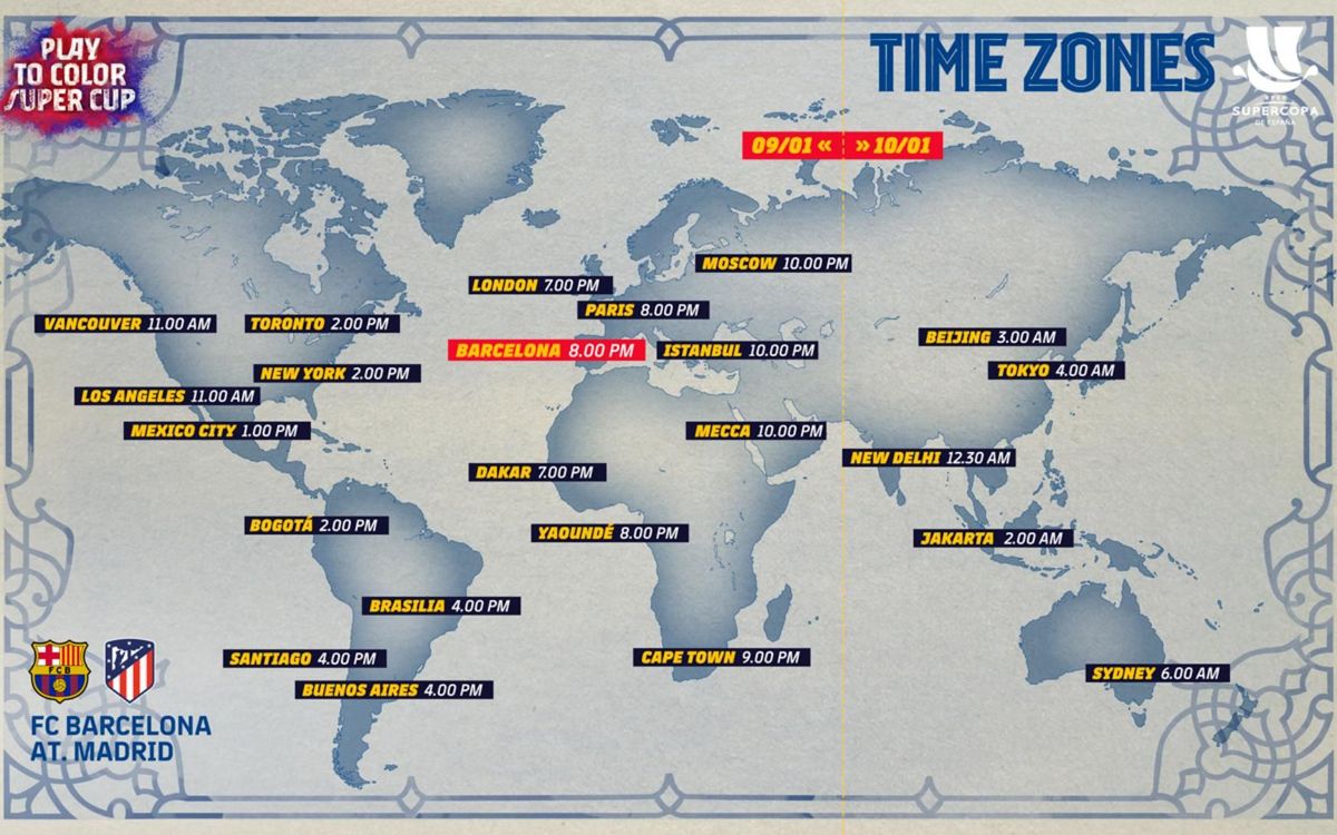 Los horarios internacionales del Barça - Atlético de la Supercopa