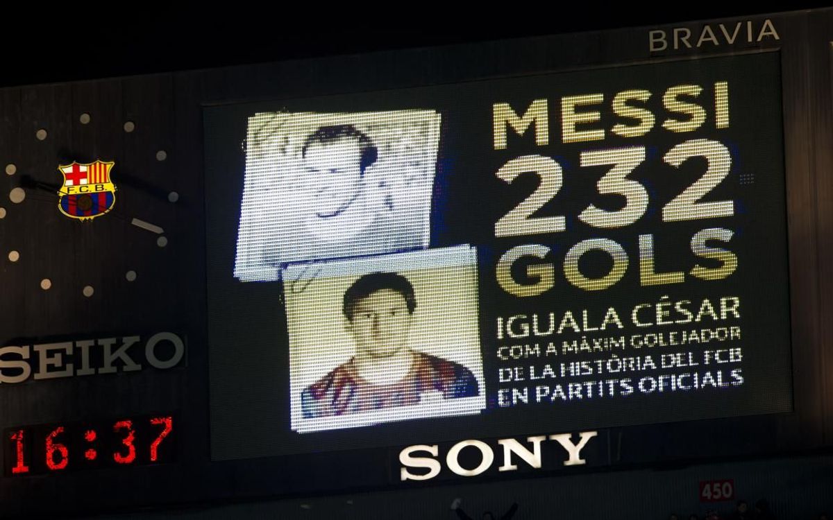 El marcador del Camp Nou, el dia que Messi va igualar i superar César com a màxim golejador de la història del Barça.