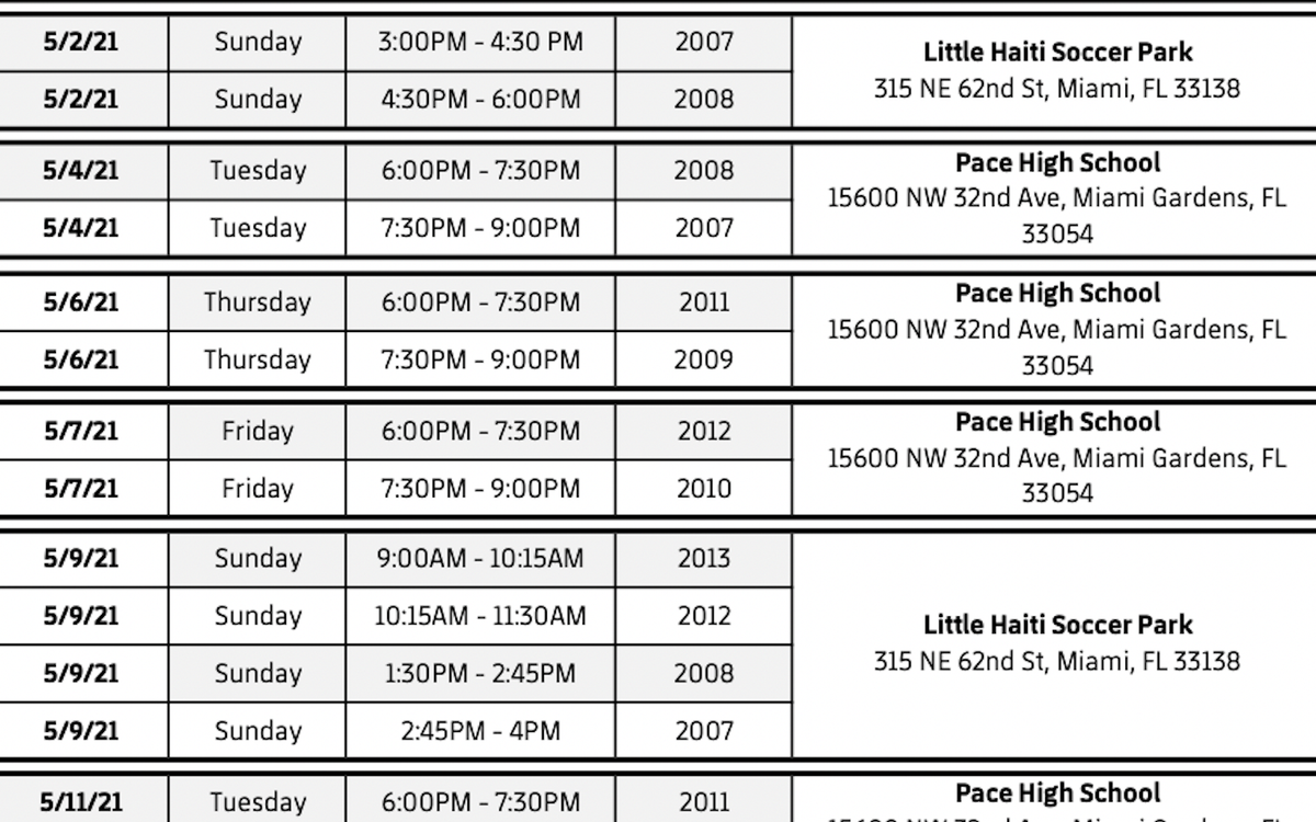 TRYOUTS 2021 SCHEDULE