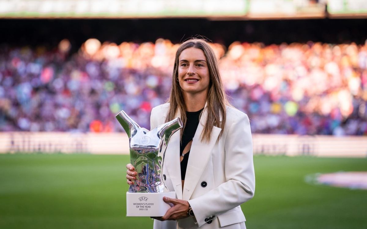 Alexia parades UEFA Player of the Year trophy at Spotify Camp Nou
