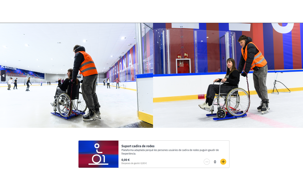 Wheelchair user on the ice rink with an adapted platform and the “Wheelchair Support” option in the booking process.