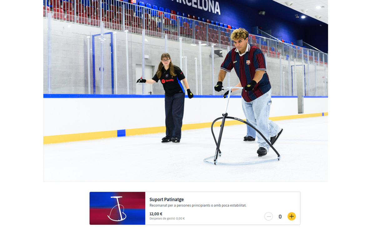 Person using a skating support on the ice and the “Wheelchair Support” option in the booking process.