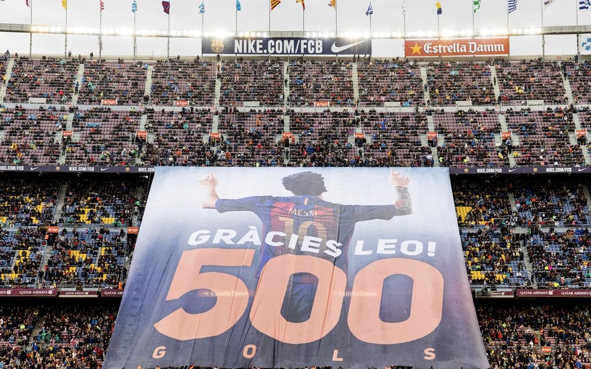 Tributo del Camp Nou a Leo Messi por sus 500 goles con el Barça