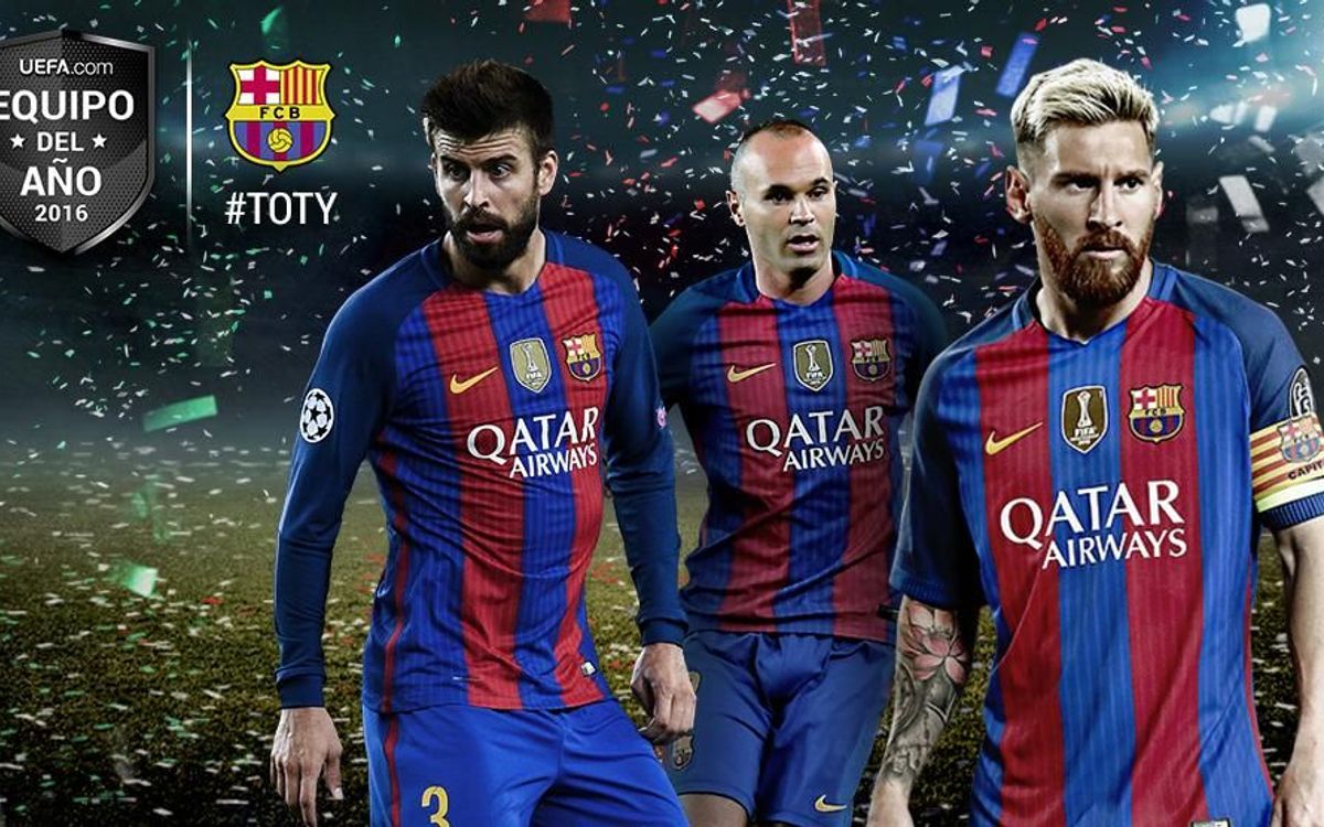 Gerard Piqué, Andrés Iniesta y Leo Messi, en el once del año de la UEFA