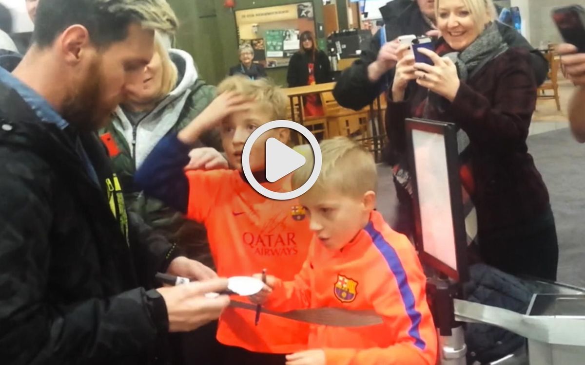 Faces of joy in Glasgow as FC Barcelona players meet two young fans