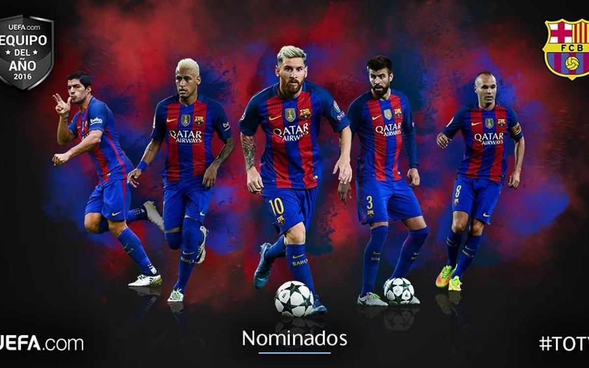Leo Messi, Andrés Iniesta, Neymar Jr, Luis Suárez i Gerard Piqué, candidats a l’Equip de l’Any de la UEFA 2016