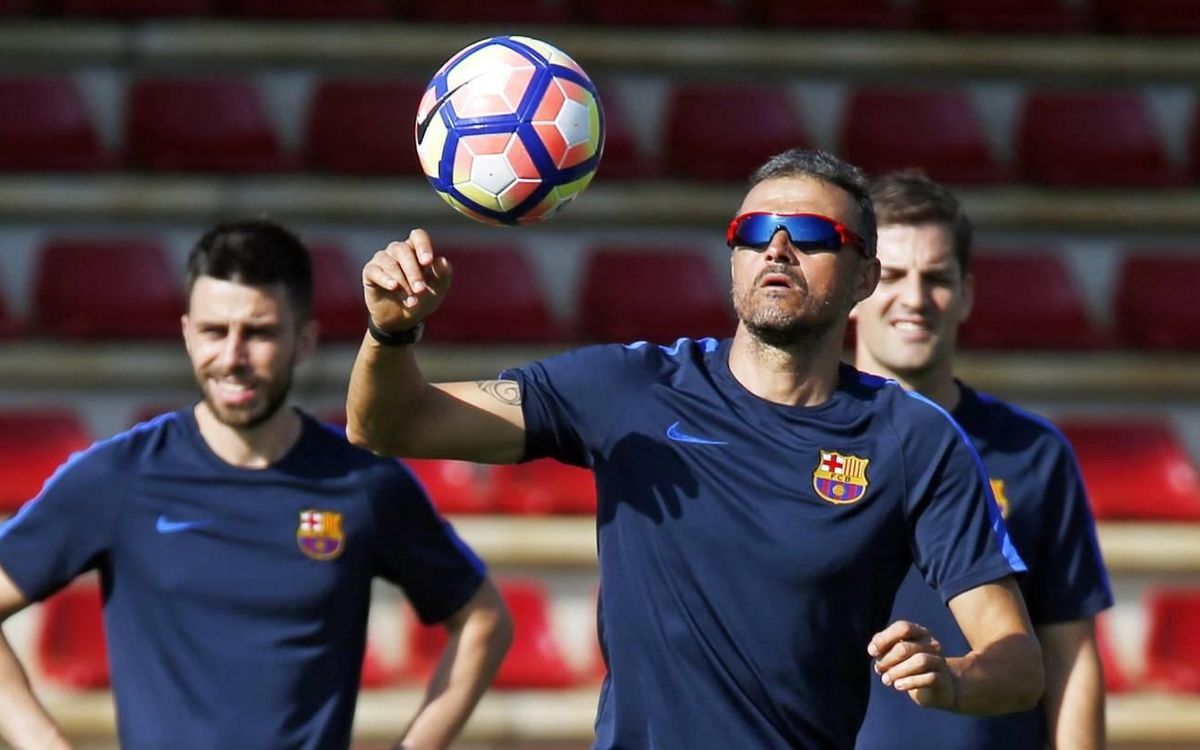 Super-charged Luis Enrique during FC Barcelona training session