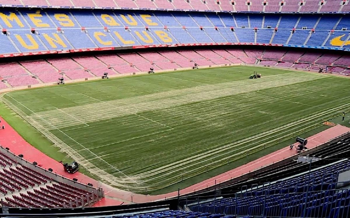 Tasques de manteniment a la gespa del Camp Nou